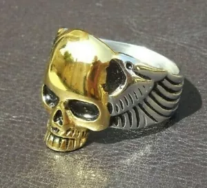 Stainless Steel Gold Skull With Wings Ring - 2 Tone Men Cast Biker Ring - Picture 1 of 7