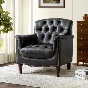 JAYDEN CREATION Armchair Genuine Leather Button-Tufted Solid Wood Legs in Black - Picture 1 of 6