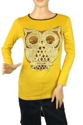 Owl Shirt Women’s Yellow Sequin Embroidered Long Sleeve Top Size S/M - Image 1 of 4