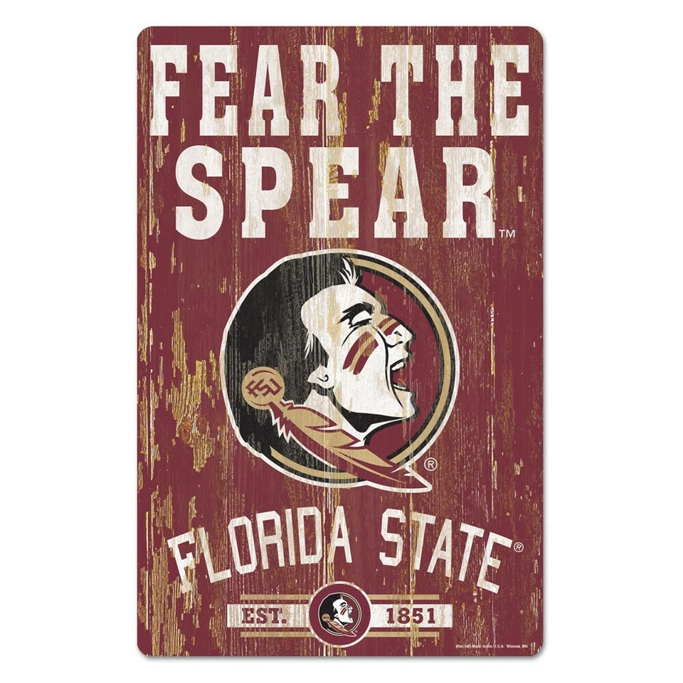 FLORIDA STATE SEMINOLES FEAR THE SPEAR EST. 1851 WOOD SIGN 11"X17'' NEW WINCRAFT - Image 1 of 1