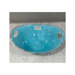 Tommy Bahama Large Salad Serving Bowl Melamine Blue Rustic Crackle 16x12 Handles - Picture 1 of 5