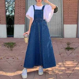 Women Casual Denim Holiday Skirt Lady Strap High Waist Baggy Solid Lace-up Dress - Picture 1 of 8