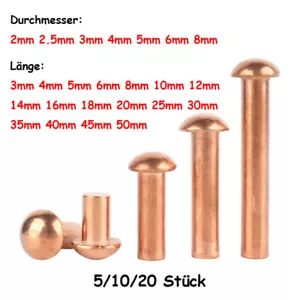 2mm 2.5mm 3mm 4mm 5mm 6mm 8mm Kupfer Nieten Halbrundkopfnieten-Kupfer Vollnieten - Picture 1 of 6
