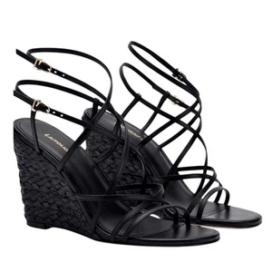 Larroude Naomi Strappy Black Leather Raffia Wedge Sandals Size 9.5 - Picture 1 of 19
