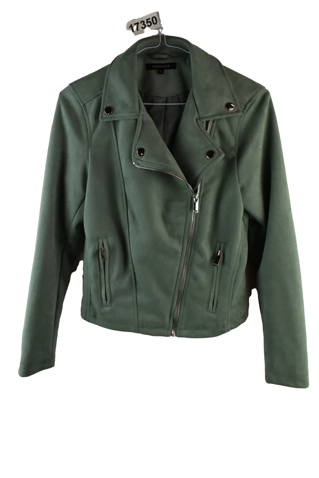 PEacocks Womans Green Zip Biker Faux Suede Jacket SIze 8 Cropped - Image 1 of 4