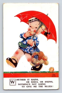 1935 Artist Signed Mabel Lucie Attwenn Rain Won't Give Blues Umbrella Postcard - Picture 1 of 4