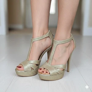 Steve Madden Talla 5.5 Tacones Dorado Brillo Formal Elegante Cremallera Correa para el Tobillo Haylow - Imagen 1 de 12