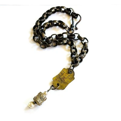 De colección NY Etiqueta de Perro 1933 Medalla Perla Collar Reciclado Steampunk Cadena Artesanal 18" Foto 1 de 4