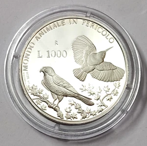 San Marino 1.000 Lire 1993 Silber PP 15g Ø31,6mm Falke + Specht Bedrohte Tiere - Bild 1 von 2