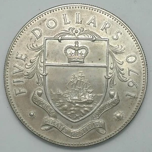 1970 Bahamas Huge Sterling Silver 5 Dollar Coin Larger than US Silver Dollar - Picture 1 of 2