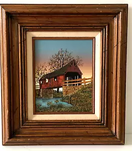 H. Hargrove Oil Painting Canvas "Genuine Covered Bridge" 19" x 17" - Picture 1 of 6