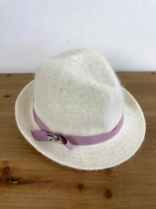 M&S Wool Blend Womens Fedora Hat Cream S-M Lilac Ribbon Bow Hat Pin Academia - Picture 1 of 8