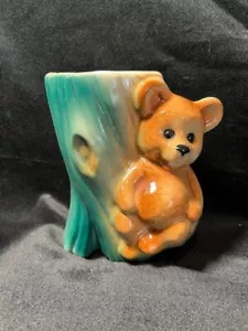Vintage Royal Copley Bear & Tree Trunk Planter Vase Green Brown Animal Decor - Picture 1 of 7