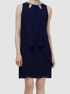 SLNY Women's Blue Chiffon Cut-Out Beaded Neck A-Line Dress Size 14 - Picture 1 of 2