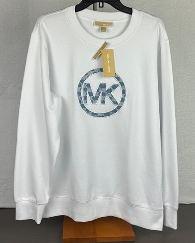 Felpa Michael Kors unisex bianca logo MK manica lunga grande nuova con etichetta