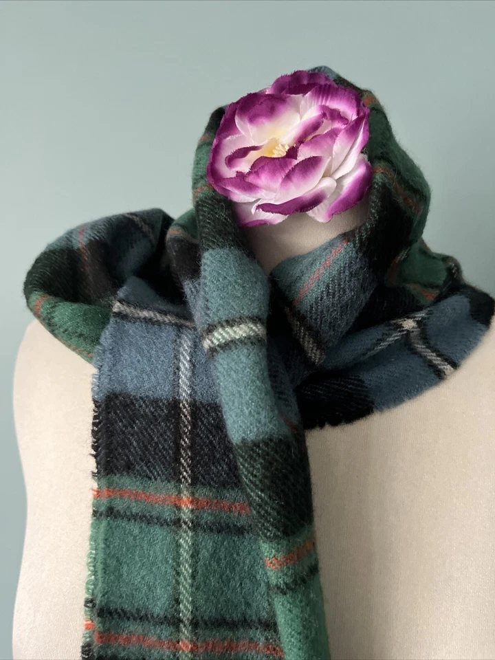 Lochcarron blue & green tartan check fringe 100% lambswool scarf - Image 1 of 4