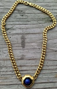 SCHÖNER VINTAGE GOLDETTE COLLIER GLAS SAPHIR CABOCHON STEIN GOLDFARBEN 17" - Bild 1 von 10