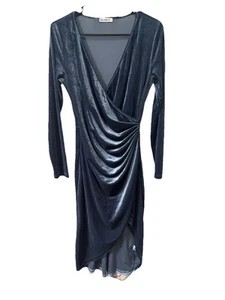 Huhot Blue Velvet Dress Size Medium Long Sleeve Hi Lo Hem Whimsy Goth Faux Wrap - Picture 1 of 9