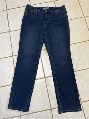 ¡TAN ADELGAZANTE POR CHICO'S NUEVO! Pantalones de mezclilla elásticos ajustados de pierna recta lavados oscuros talla 1 CORTOS Foto 1 de 4