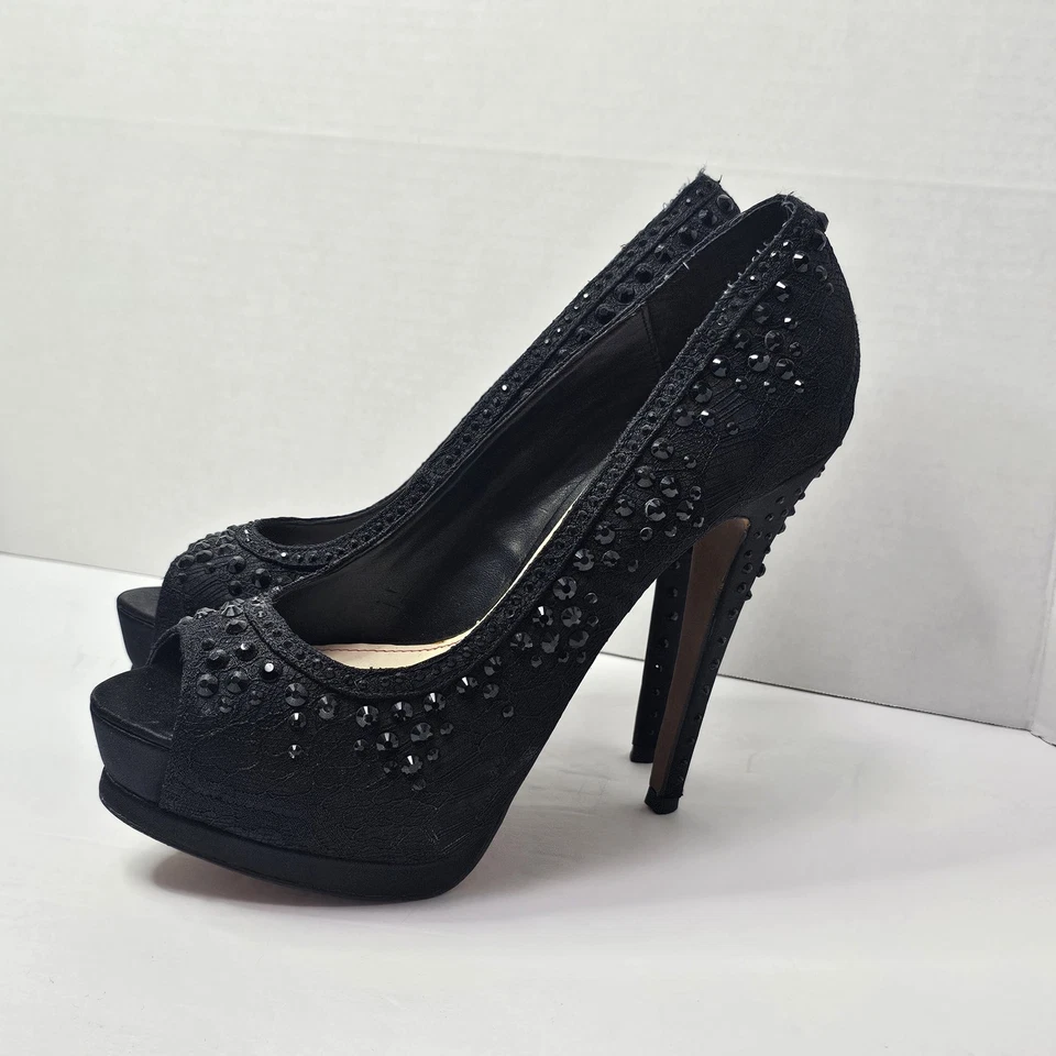 Betsey Johnson Platform Peep Toe Pumps 9 M Black Studded High Heels Shoes - Image 1 of 4