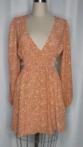 NWT FOREVER 21 WOMEN'S DOUBLE V-NECK LONG SLEEVE PAISLEY PRINT DRESS BROWN LARGE - Picture 1 of 10
