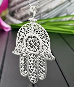 925 Silber Grosser XL Anhänger Hand der Fatima Hamsa Khamsa Kettenanhänger Kette - Bild 1 von 5