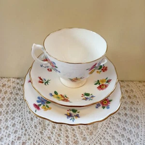 Vintage 1960s ROYAL VALE Bone China Charming Tea Trio Set Bright Floral Design - Picture 1 of 8