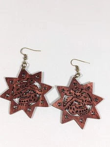 Brown Wood Cut out Christmas Bell Star Dangle Hook Earrings - Picture 1 of 5