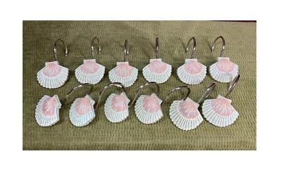 12 GANCHOS PARA COLGAR CORTINAS DE DUCHA COLOR CORAL CONCHA MARINA DE CERÁMICA Foto 1 de 4