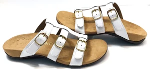 Vionic Womens Sz 8 White Triple Strappy Buckle Comfort Slide Adjustable Sandals - Picture 1 of 11