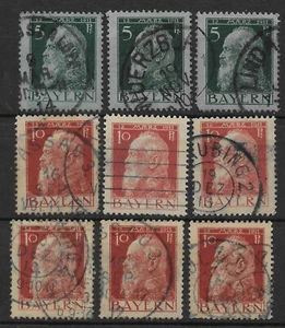 1911 BAVARIA/BAYERN Lot of 9 Used Luitpold 5 pf & 10pf Issues, SC# 78 & 79, *F* - Picture 1 of 2