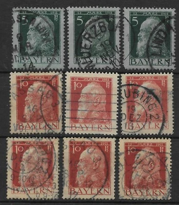 1911 BAVARIA/BAYERN Lot of 9 Used Luitpold 5 pf & 10pf Issues, SC# 78 & 79, *F* - Image 1 of 2