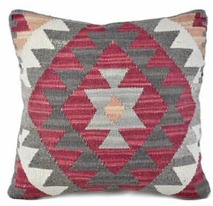 Kilim Pillow Cover | Contemporary Geometric Wool Kelim Throw Cushion Cover 18x18 - Picture 1 of 9