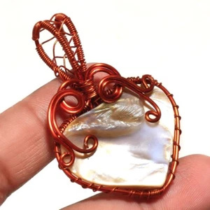 Mother Of Pearl Gemstone Copper Pendant Handcrafted Wire Wrap Jewelry 2.2" - Picture 1 of 7