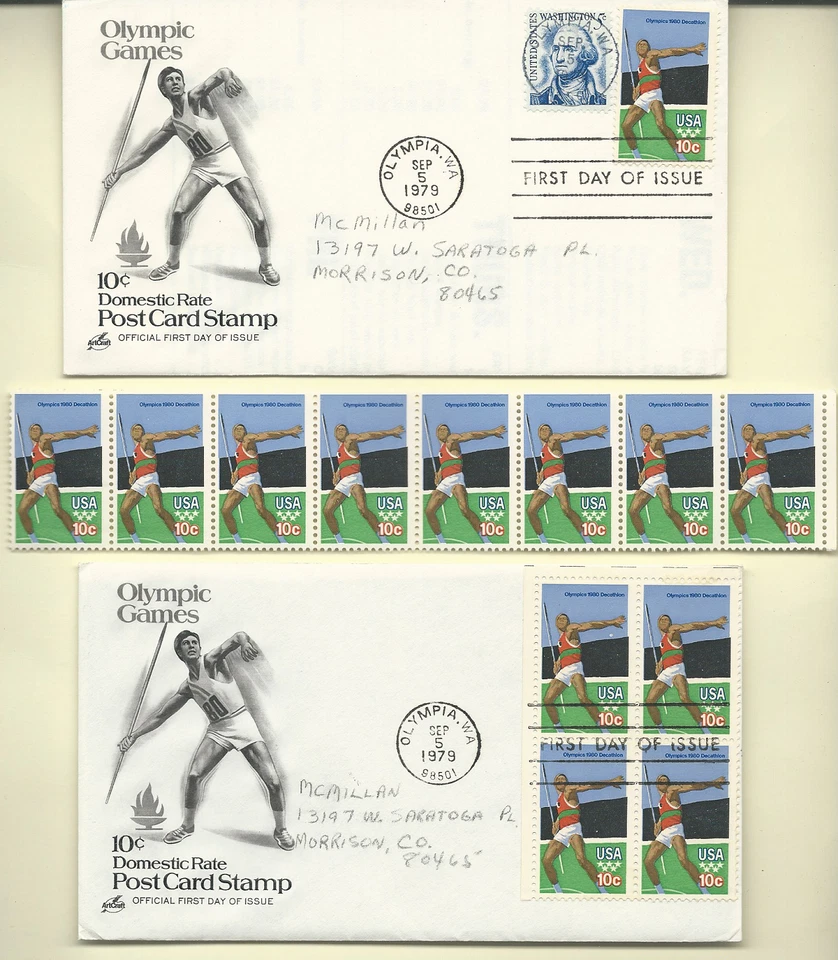 USA SCOTT 1790 10 CENTS OLYMPIC GAMES 2 FDC'S & STRIP OF 8 COLOR ERROR FREE SHIP - Image 1 of 1