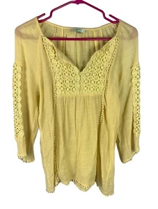 Camiseta túnica boho amarilla Jade Melody Tam manga 3/4 XS encaje festival campesino - Imagen 1 de 7