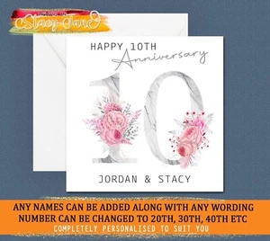 Personalised Anniversary Card 10th 10 years Floral Tin Wedding Congratulations - Picture 1 of 1