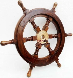 Wooden 18" Nautical Ship Steering Wheel Pirate Decor Wood Brass Wall Boat Gift - Picture 1 of 6