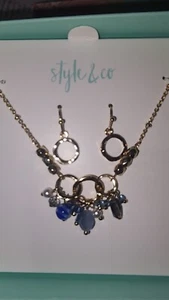 Style & Co Gold Tone, blue Bead Wire Earrings & Necklace Set $24.50 New - Picture 1 of 3