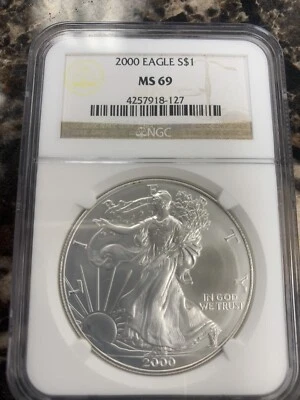 2000 $1 AMERICAN SILVER EAGLE NGC MS69 CLASSIC BROWN LABEL - Image 1 of 2