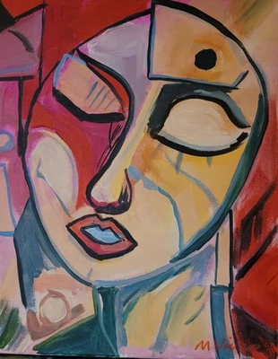 Pintura CUBISMO Abstracta Cara Mujer Colorida Original MONA VIVAR 11x14 Foto 1 de 4