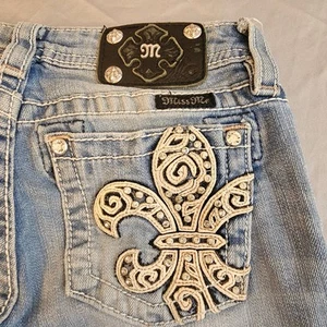 Miss Me Girls Size 16 Bermuda Jean Shorts *Stained* Fleur De Lis & Bling L249 - Picture 1 of 5