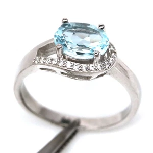 Thai Handmade 6 x 8 mm. Sky Blue Topaz & White Zircon Birthstone Ring Size 6.75 - Picture 1 of 4
