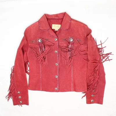 Scully Leather Jacket Womens L Red Suede Beaded Fringe Concho Snap Front  - Image 1 of 4