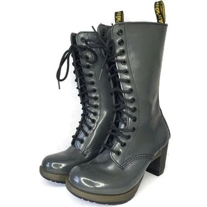 Dr Martens Dee 14 Eye Gray Patent Leather Heeled Lace-up Boots Womens 6.5 Diva  - Picture 1 of 16