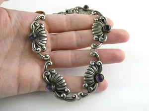 Taxco Mexico Sterling Silver Amethyst Link Panel Necklace 925 42.1g 15.5 Inches - Picture 1 of 24
