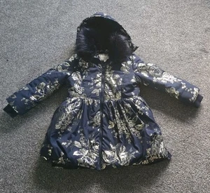 Monsoon Girls Coat (7-8 Years) Fleece Lined / Navy Blue Floral / Hood - V.Good - Picture 1 of 6