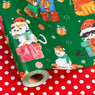 MAYPLUSS Christmas Wrapping Paper Roll 17 Inch X 33 Feet, Green Cat  - Image 1 of 4