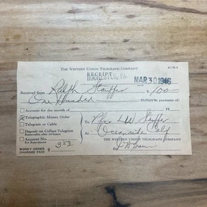 30. März 1946 Western Union Telegraphenbeleg 100 $ Oceanside Ca Rochester PA B43 - Bild 1 von 3