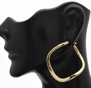 Real 14K Solid Yellow Gold 40.2mm Twisted Square Cut Shape Hoop Earrings 3.4gr - Picture 1 of 7